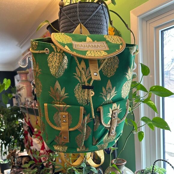 Bahamas Rare Metallic Pineapple Print on Hemp Backpack With Front Pockets New - Picture 1 of 16
